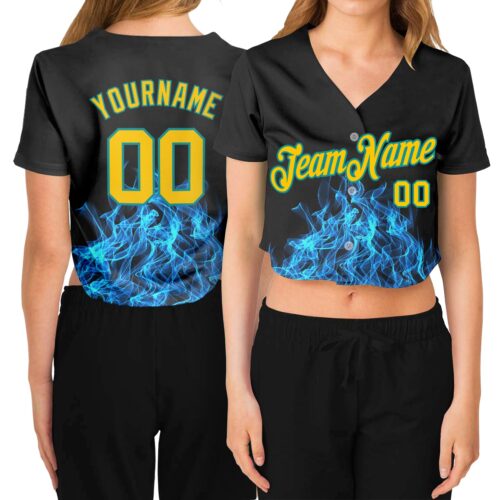 Cropped0021 Custom Women's Black Gold-Aqua Flame 3D V-Neck Cropped Baseball Jersey