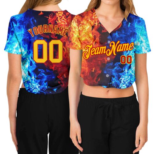 Cropped0022 Custom Women's Red Gold Royal-Light Blue Flame 3D V-Neck Cropped Baseball Jersey