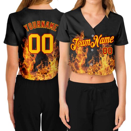 Cropped0023 Custom Women's Black Gold-Red Flame 3D V-Neck Cropped Baseball Jersey