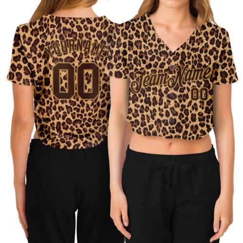 Cropped0025 Custom Women's Brown Brown-Old Gold Leopard 3D V-Neck Cropped Baseball Jersey