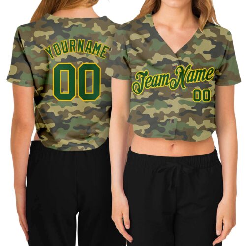 Cropped0026 Custom Women's Camo Green-Gold Salute To Service 3D V-Neck Cropped Baseball Jersey