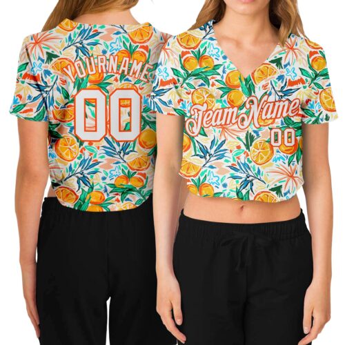 Cropped0033 Custom Women's White White-Orange Fruits 3D V-Neck Cropped Baseball Jersey