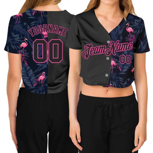 Cropped0035 Custom Women's Black Black-Pink Flamingo 3D V-Neck Cropped Baseball Jersey