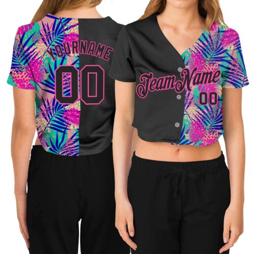 Cropped0036 Custom Women's Black Black-Pink Summer 3D V-Neck Cropped Baseball Jersey