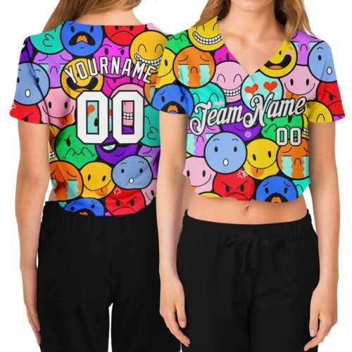 Cropped0038 Custom Women's Colorful White-Black Emoji 3D V-Neck Cropped Baseball Jersey