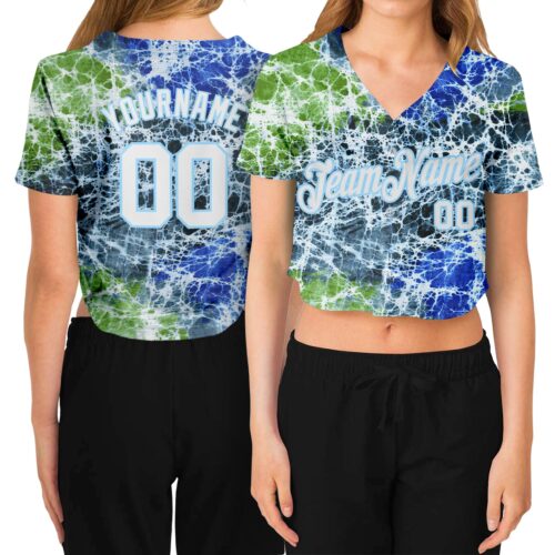 Cropped0039 Custom Women's Tie Dye White-Light Blue Abstract Art 3D V-Neck Cropped Baseball Jersey