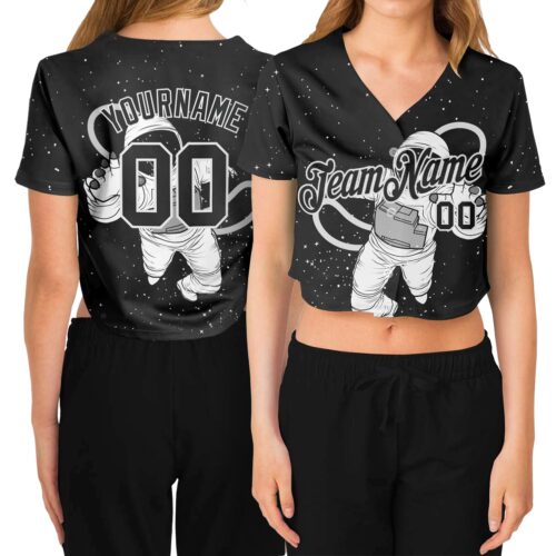 Cropped0042 Custom Women's Black Black-White Astronaut 3D V-Neck Cropped Baseball Jersey