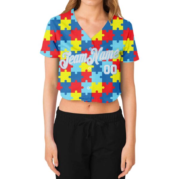 Custom Women's Autism Supporter Awareness Puzzle Pieces White-Light Blue 3D V-Neck Cropped Baseball Jersey