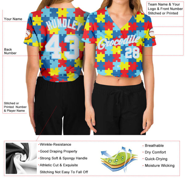 Custom Women's Autism Supporter Awareness Puzzle Pieces White-Light Blue 3D V-Neck Cropped Baseball Jersey