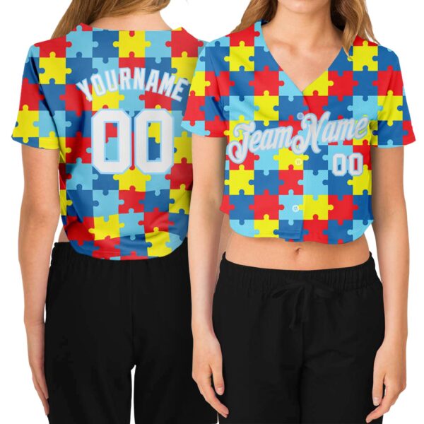 Custom Women's Autism Supporter Awareness Puzzle Pieces White-Light Blue 3D V-Neck Cropped Baseball Jersey