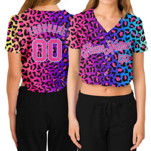 Cropped0048 Custom Women's Purple Pink-Light Blue Leopard 3D V-Neck Cropped Baseball Jersey