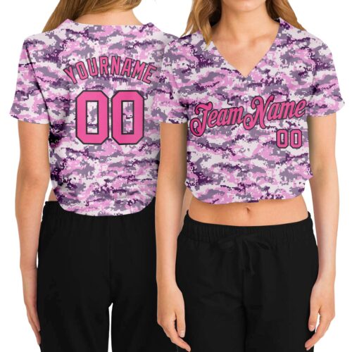 Cropped0050 Custom Women's Camo Pink-Black Salute To Service 3D V-Neck Cropped Baseball Jersey