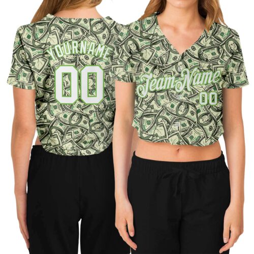 Cropped0051 Custom Women's Green White-Neon Green Dollar 3D V-Neck Cropped Baseball Jersey