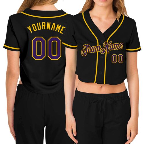 Cropped0054_71591d97-bc60-4106-9c0d-d6091f3a05e0 Custom Women's Black Purple-Gold V-Neck Cropped Baseball Jersey