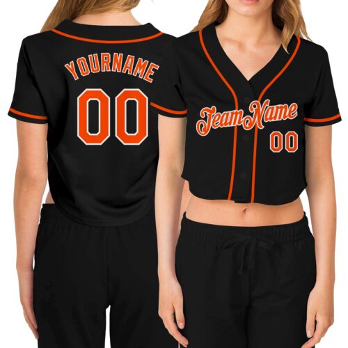 Cropped0055_63182221-d083-4783-8ed8-8fd5cc98ec06 Custom Women's Black Orange-White V-Neck Cropped Baseball Jersey