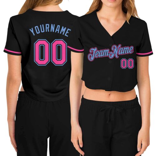 Cropped0057_578b589b-c3c0-4c49-84f7-dd7806885d57 Custom Women's Black Pink-Light Blue V-Neck Cropped Baseball Jersey