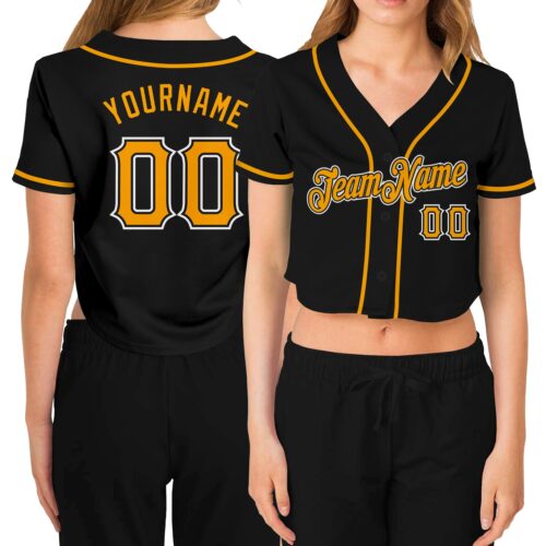 Cropped0058 Custom Women's Black Gold-White V-Neck Cropped Baseball Jersey