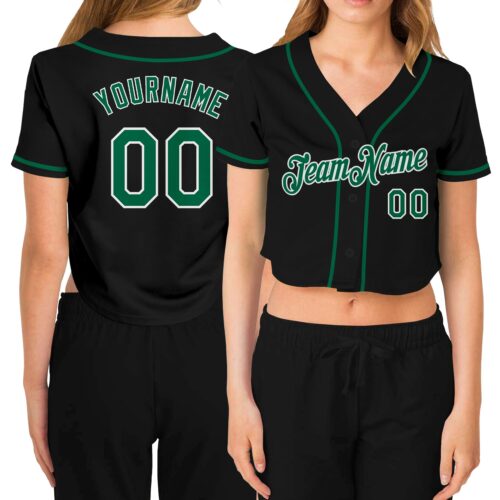 Cropped0061_462572e2-02d9-424e-937c-cf0a707ac733 Custom Women's Black Kelly Green-White V-Neck Cropped Baseball Jersey