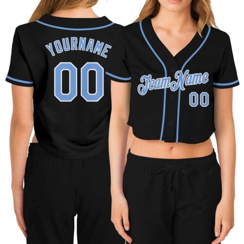 Cropped0062 Custom Women's Black Light Blue-White V-Neck Cropped Baseball Jersey