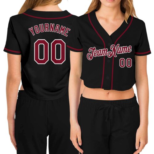 Cropped0064_13353f5d-f04f-4a92-a632-9bc0c5da5959 Custom Women's Black Crimson-White V-Neck Cropped Baseball Jersey
