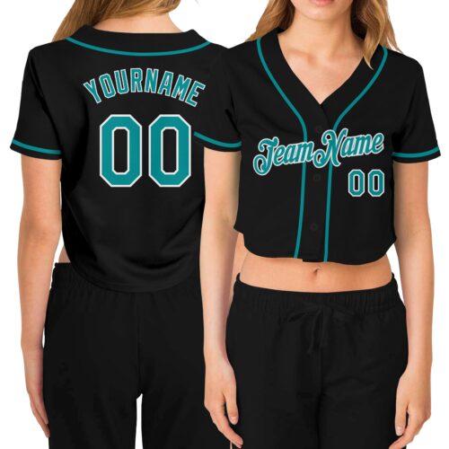 Cropped0065 Custom Women's Black Aqua-White V-Neck Cropped Baseball Jersey