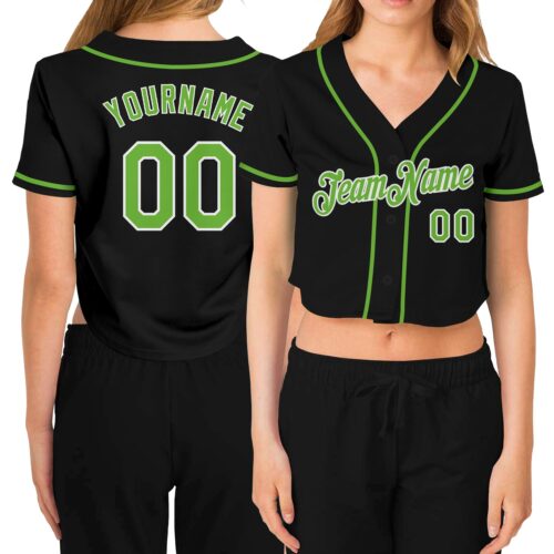 Cropped0066_c265eb6c-6395-4aa0-b91c-32ed29c723f0 Custom Women's Black Neon Green-White V-Neck Cropped Baseball Jersey