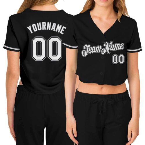 Cropped0068_1200b246-9f0b-4294-ad4f-8d9b11394c35 Custom Women's Black White-Gray V-Neck Cropped Baseball Jersey