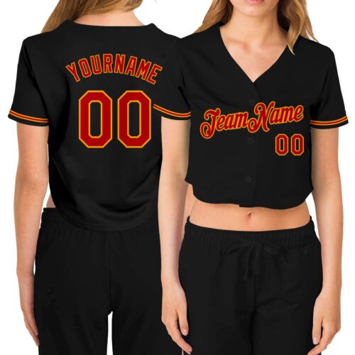 Cropped0069_7b9f4355-3d72-42d7-887d-f308c0d8ff2e Custom Women's Black Red-Gold V-Neck Cropped Baseball Jersey