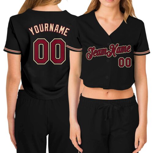 Cropped0070_635e1b00-7789-487b-875d-c54bd9f45521 Custom Women's Black Crimson-City Cream V-Neck Cropped Baseball Jersey