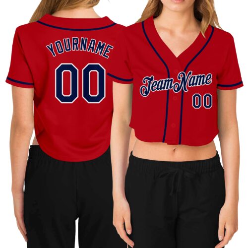 Cropped0073_5c07646b-2ab1-4678-a47f-aac31436417c Custom Women's Red Navy-White V-Neck Cropped Baseball Jersey