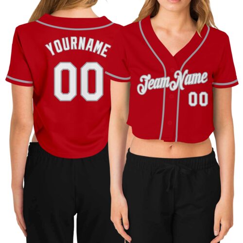 Cropped0075_3dd89a4f-e116-4d87-8b89-c7d132a1ad13 Custom Women's Red White-Gray V-Neck Cropped Baseball Jersey