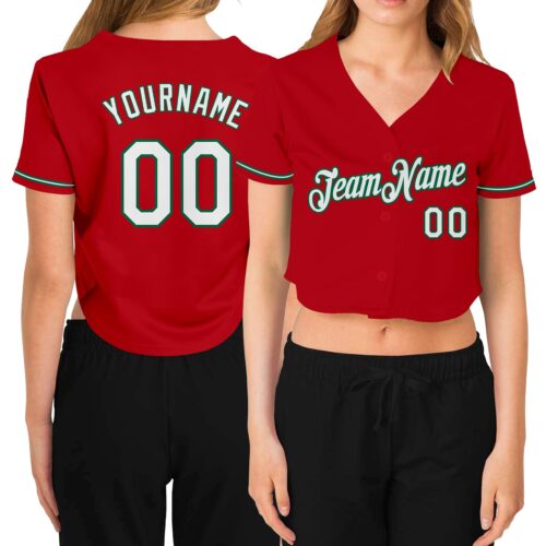 Cropped0080_3805dc7a-da5a-4c9f-9994-f2cb895b5df3 Custom Women's Red White-Kelly Green V-Neck Cropped Baseball Jersey