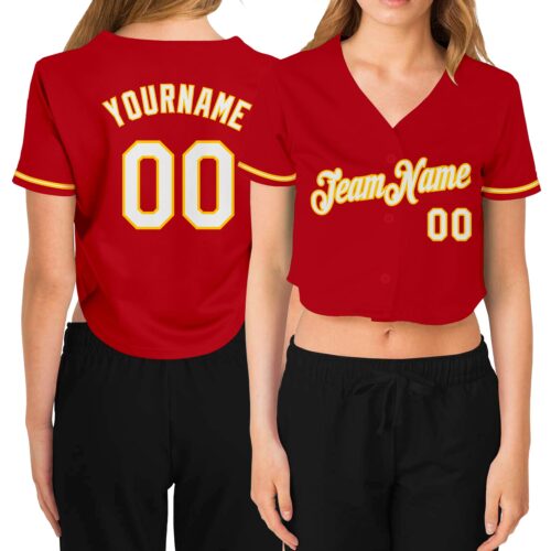 Cropped0083 Custom Women's Red White-Gold V-Neck Cropped Baseball Jersey