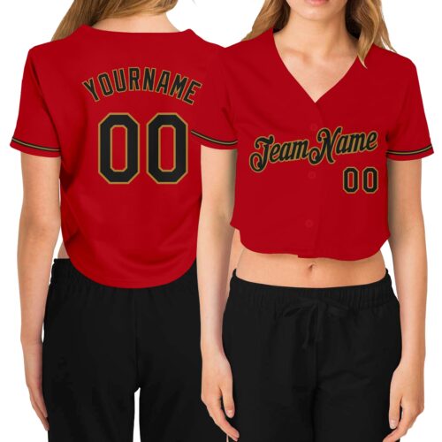 Cropped0084_ffa6d9f3-4f19-43b7-96d4-8e815ace9ecc Custom Women's Red Black-Old Gold V-Neck Cropped Baseball Jersey