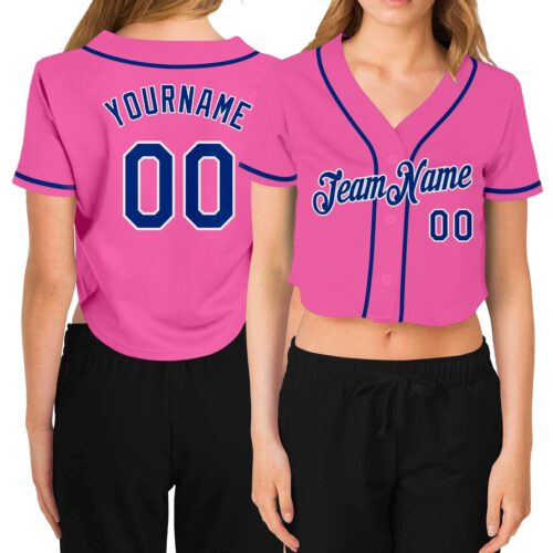 Cropped0085_2d288c26-dd8f-4a47-afdd-967e30122768 Custom Women's Pink Royal-White V-Neck Cropped Baseball Jersey