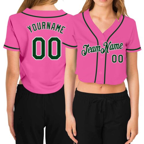 Cropped0092 Custom Women's Pink Green-White V-Neck Cropped Baseball Jersey