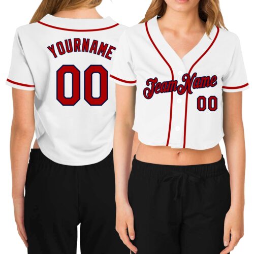 Cropped0094 Custom Women's White Red-Navy V-Neck Cropped Baseball Jersey