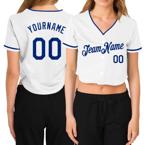 Cropped0096 Custom Women's White Royal V-Neck Cropped Baseball Jersey