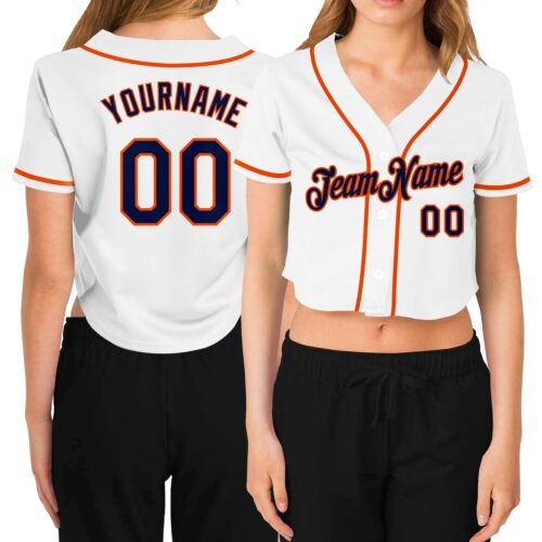 Cropped0097 Custom Women's White Navy-Orange V-Neck Cropped Baseball Jersey
