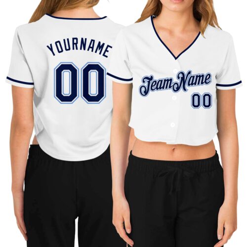 Cropped0100 Custom Women's White Navy-Light Blue V-Neck Cropped Baseball Jersey