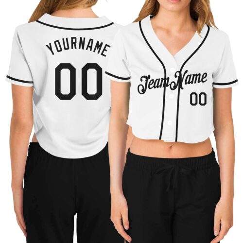Cropped0101 Custom Women's White Black V-Neck Cropped Baseball Jersey