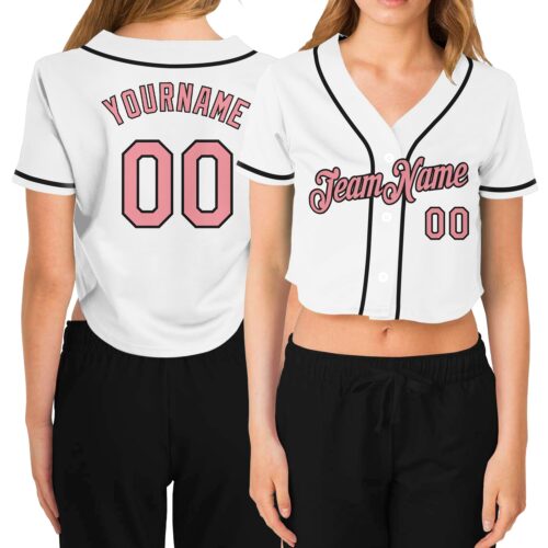 Cropped0102 Custom Women's White Medium Pink-Black V-Neck Cropped Baseball Jersey