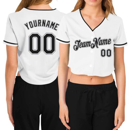 Cropped0103 Custom Women's White Black-Gray V-Neck Cropped Baseball Jersey