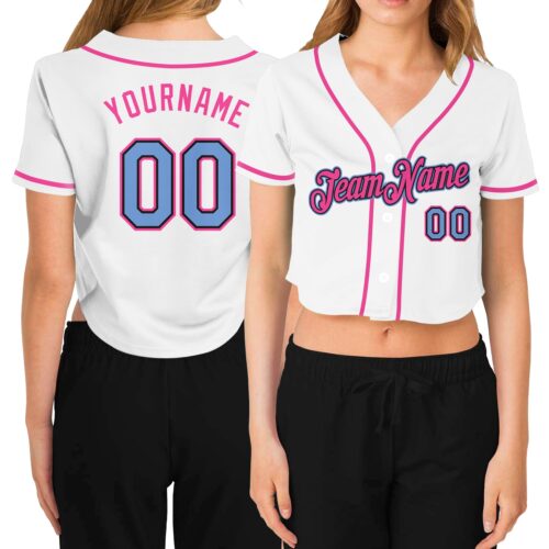 Cropped0104 Custom Women's White Light Blue Black-Pink V-Neck Cropped Baseball Jersey
