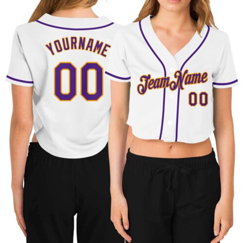 Cropped0106 Custom Women's White Purple-Gold V-Neck Cropped Baseball Jersey