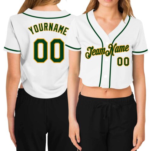 Cropped0107 Custom Women's White Green-Gold V-Neck Cropped Baseball Jersey