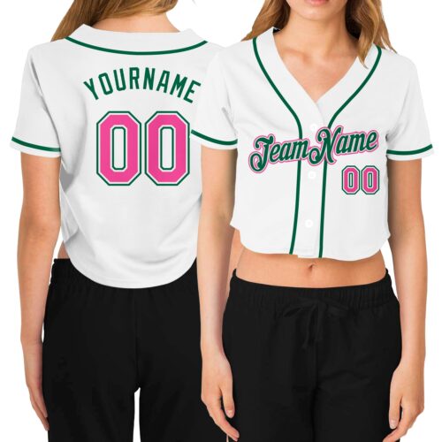 Cropped0108 Custom Women's White Pink-Green V-Neck Cropped Baseball Jersey
