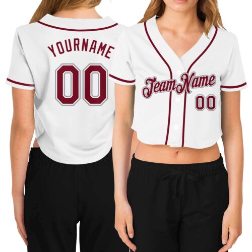 Cropped0109 Custom Women's White Crimson-Gray V-Neck Cropped Baseball Jersey