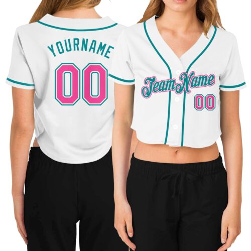 Cropped0110 Custom Women's White Pink-Aqua V-Neck Cropped Baseball Jersey