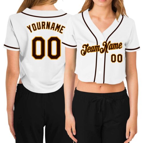 Cropped0111 Custom Women's White Brown-Gold V-Neck Cropped Baseball Jersey